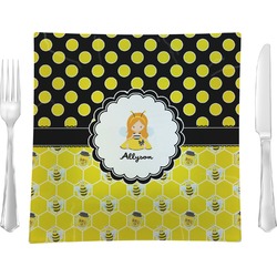 Honeycomb, Bees & Polka Dots 9.5" Glass Square Lunch / Dinner Plate- Single or Set of 4 (Personalized)