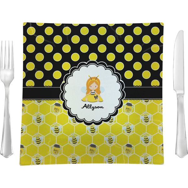 Custom Honeycomb, Bees & Polka Dots 9.5" Glass Square Lunch / Dinner Plate- Single or Set of 4 (Personalized)