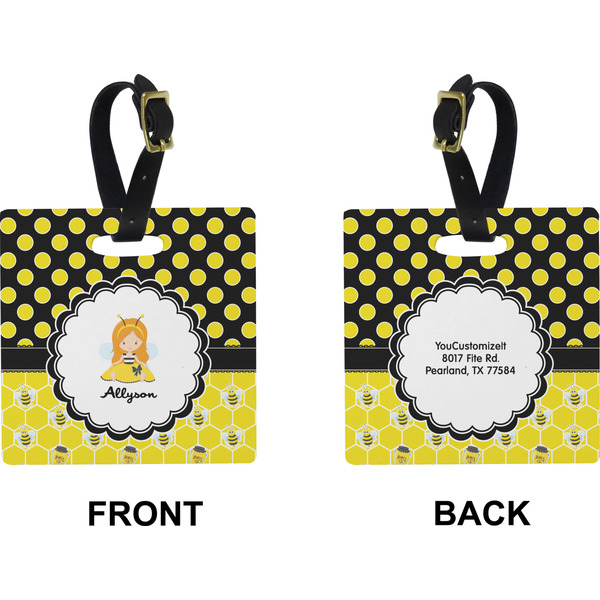 Honeycomb, Bees & Polka Dots Square Luggage Tag (Front + Back)