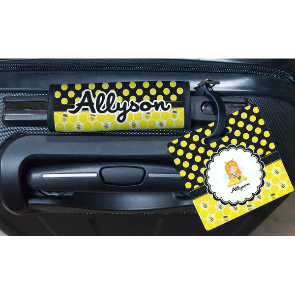 Honeycomb, Bees & Polka Dots Square Luggage Tag & Handle Wrap - In Context