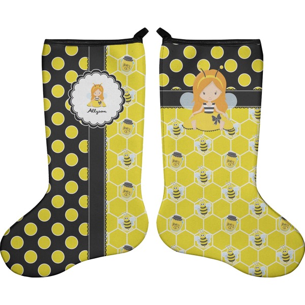 Custom Honeycomb, Bees & Polka Dots Holiday Stocking - Double-Sided - Neoprene (Personalized)