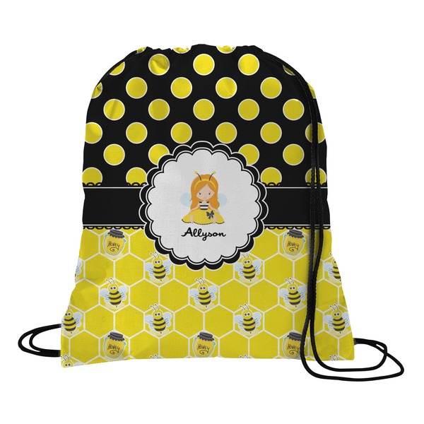 Custom Honeycomb, Bees & Polka Dots Drawstring Backpack - Large (Personalized)