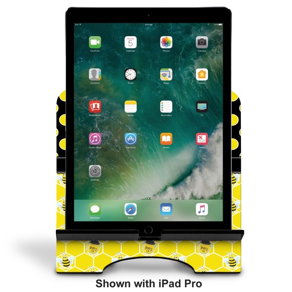 Honeycomb, Bees & Polka Dots Stylized Tablet Stand - Front with ipad