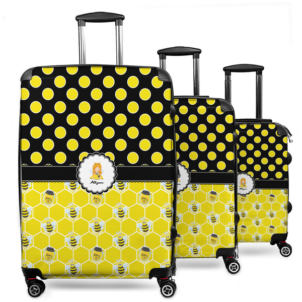 Custom Honeycomb, Bees & Polka Dots 3 Piece Luggage Set - 20" Carry On, 24" Medium Checked, 28" Large Checked (Personalized)