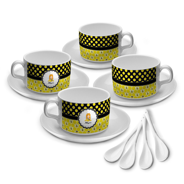 Custom Honeycomb, Bees & Polka Dots Tea Cup - Set of 4 (Personalized)