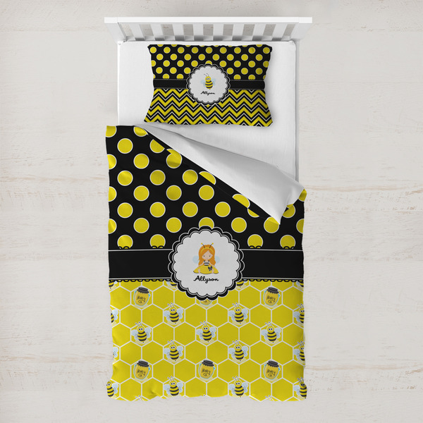 Custom Honeycomb, Bees & Polka Dots Toddler Bedding Set - With Pillowcase (Personalized)