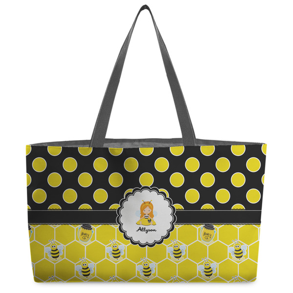 Custom Honeycomb, Bees & Polka Dots Beach Totes Bag - w/ Black Handles (Personalized)