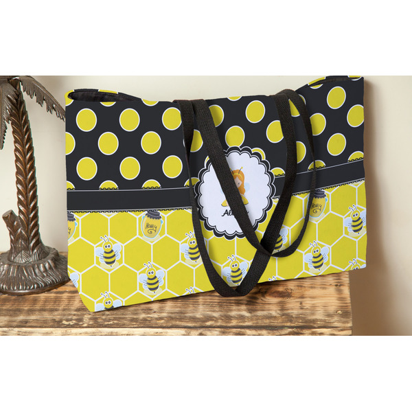 Honeycomb, Bees & Polka Dots Tote w/Black Handles - Lifestyle View