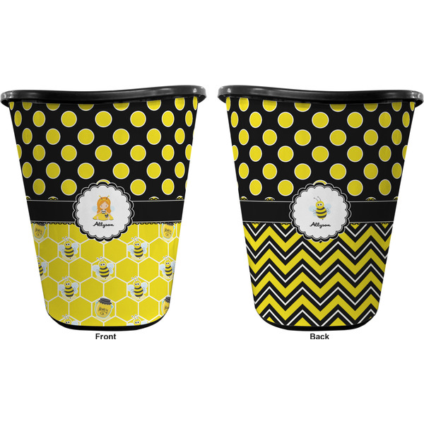 Honeycomb, Bees & Polka Dots Trash Can Black - Front and Back - Apvl