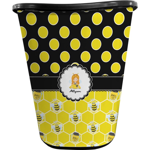 Custom Honeycomb, Bees & Polka Dots Waste Basket - Double Sided (Black) (Personalized)