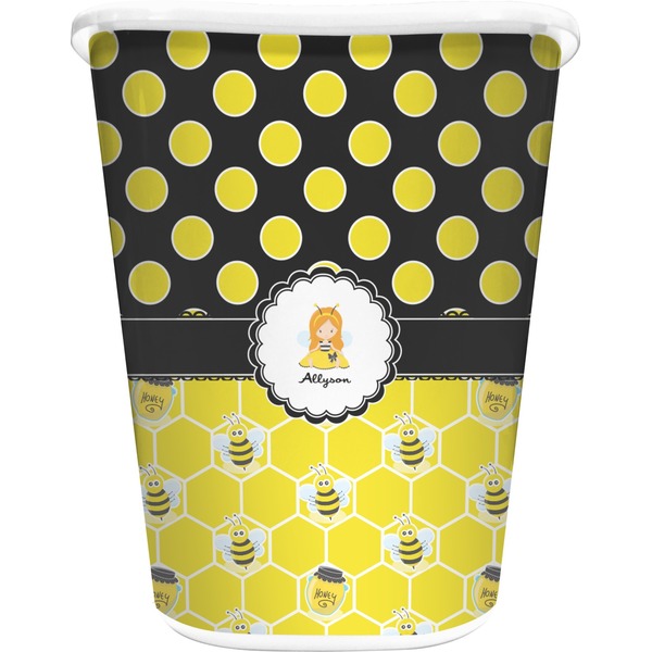 Custom Honeycomb, Bees & Polka Dots Waste Basket - Double Sided (White) (Personalized)