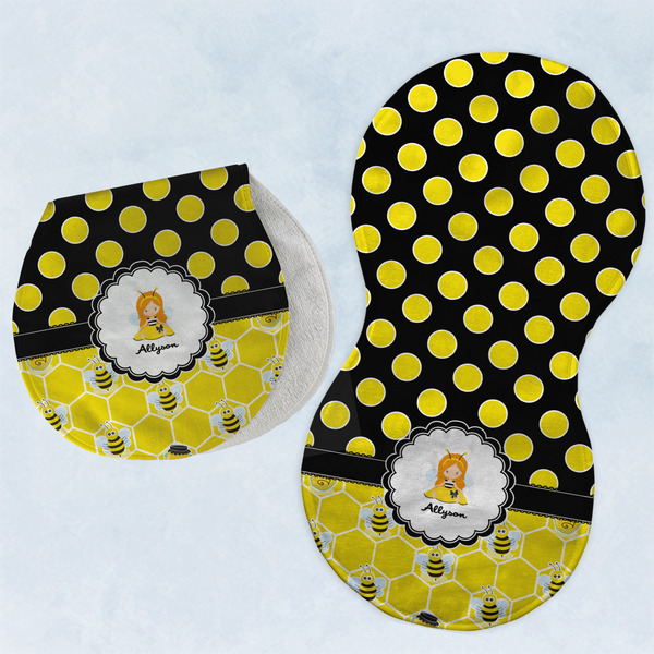 Custom Honeycomb, Bees & Polka Dots Burp Pads - Velour - Set of 2 w/ Name or Text