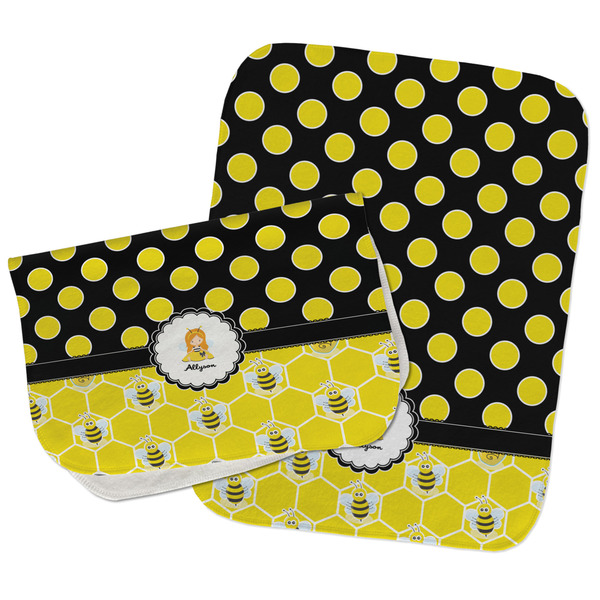 Custom Honeycomb, Bees & Polka Dots Burp Cloths - Fleece - Set of 2 w/ Name or Text