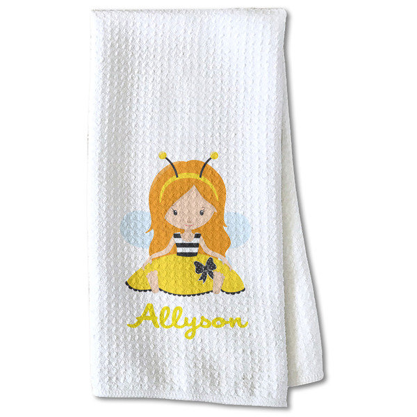 Custom Honeycomb, Bees & Polka Dots Kitchen Towel - Waffle Weave - Partial Print (Personalized)