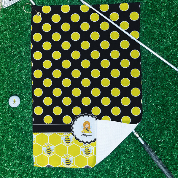 Honeycomb, Bees & Polka Dots Waffle Weave Golf Towel - In Context
