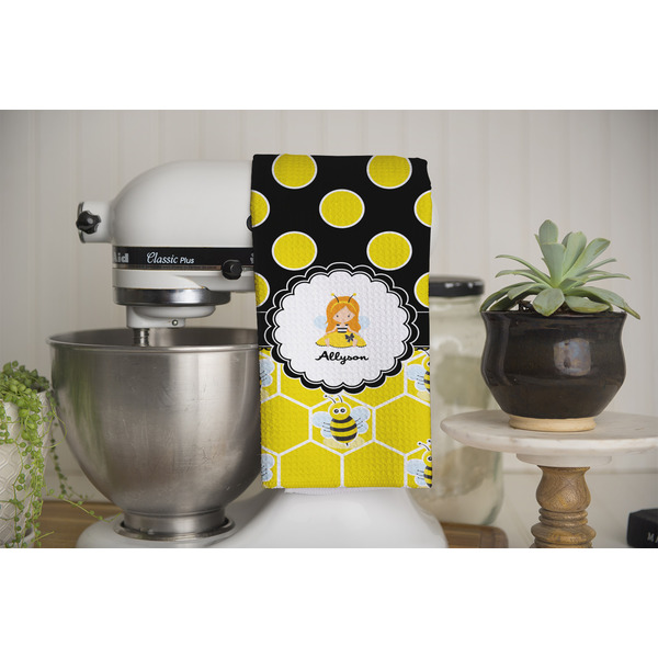 Honeycomb, Bees & Polka Dots Waffle Weave Towel - Full Color Print - Lifestyle Image