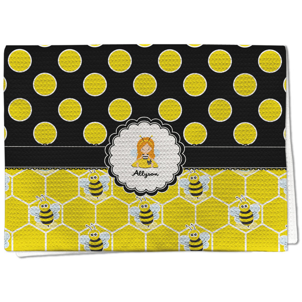Custom Honeycomb, Bees & Polka Dots Kitchen Towel - Waffle Weave (Personalized)