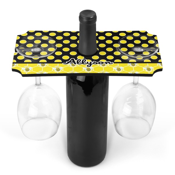Custom Honeycomb, Bees & Polka Dots Wine Bottle & Glass Holder (Personalized)