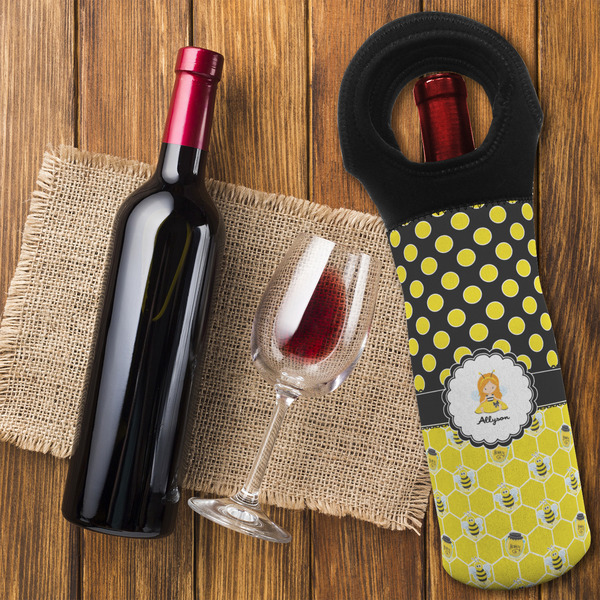 Honeycomb, Bees & Polka Dots Wine Tote Bag - FLATLAY