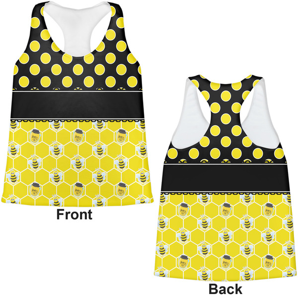 Honeycomb, Bees & Polka Dots Womens Racerback Tank Tops - Medium - Front and Back