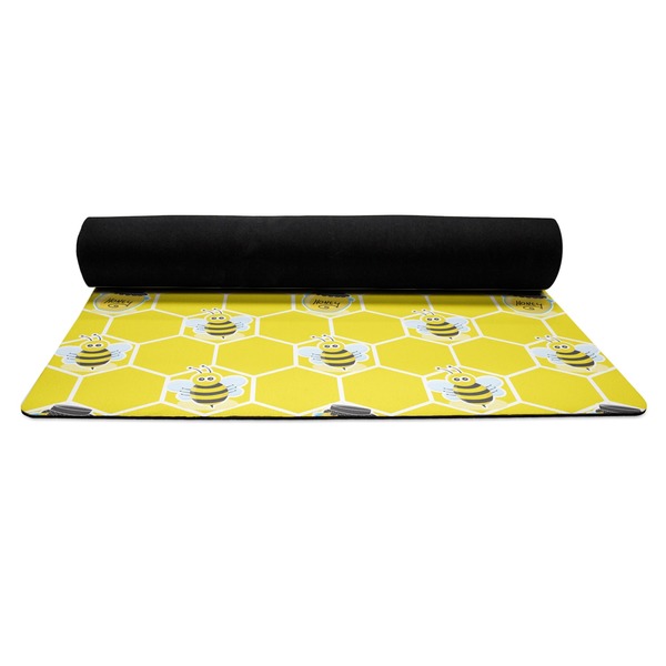Honeycomb, Bees & Polka Dots Yoga Mat Rolled up Black Rubber Backing