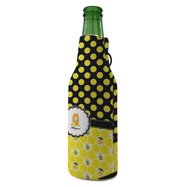 Honeycomb, Bees & Polka Dots Zipper Bottle Cooler - ANGLE (bottle)
