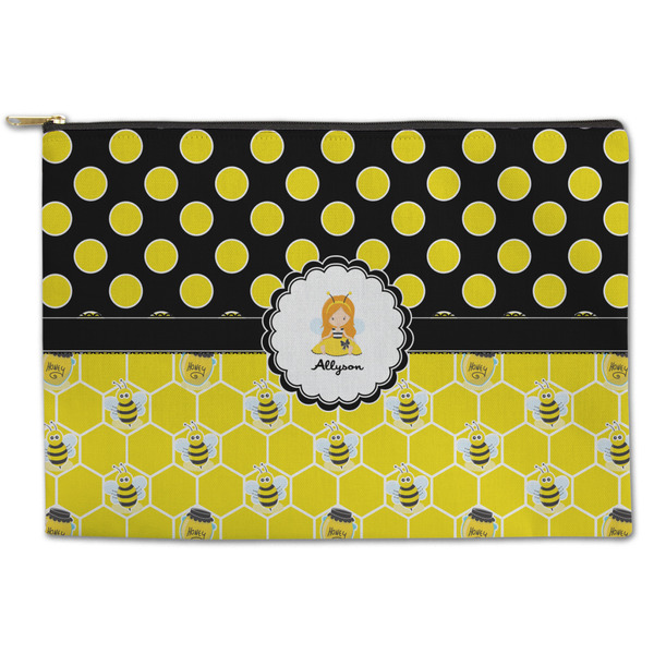 Custom Honeycomb, Bees & Polka Dots Zipper Pouch - Large - 12.5"x8.5" (Personalized)