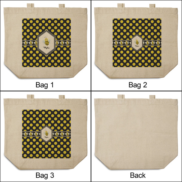 Bee & Polka Dots 3 Reusable Cotton Grocery Bags - Front & Back View