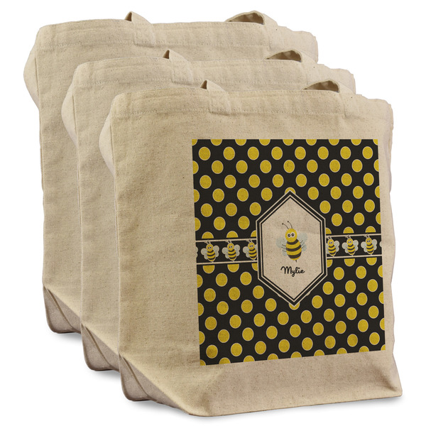 Custom Bee & Polka Dots Reusable Cotton Grocery Bags - Set of 3 (Personalized)