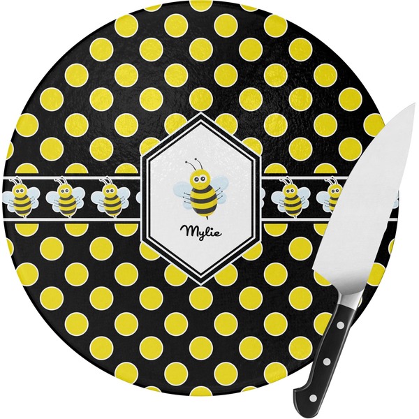 Custom Bee & Polka Dots Round Glass Cutting Board - Small (Personalized)