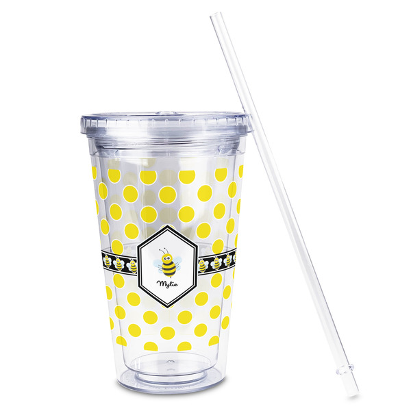 Bee & Polka Dots Acrylic Tumbler - Full Print - Front straw out
