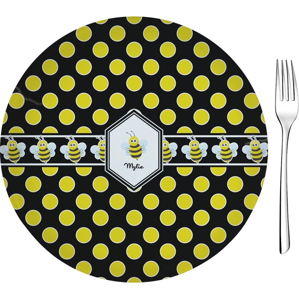 Custom Bee & Polka Dots Glass Appetizer / Dessert Plate 8" (Personalized)