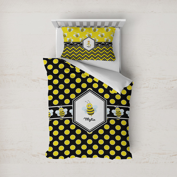 Custom Bee & Polka Dots Duvet Cover Set - Twin (Personalized)