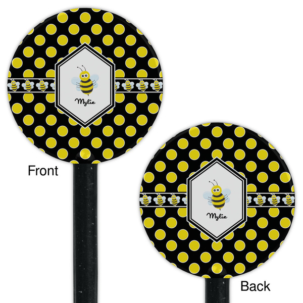 Bee & Polka Dots Black Plastic 5.5" Stir Stick - Double Sided - Round - Front & Back