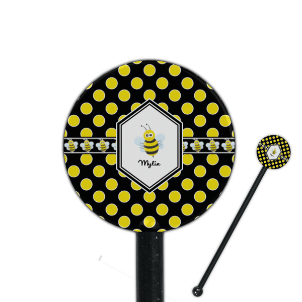 Custom Bee & Polka Dots 5.5" Round Plastic Stir Sticks - Black - Single Sided (Personalized)