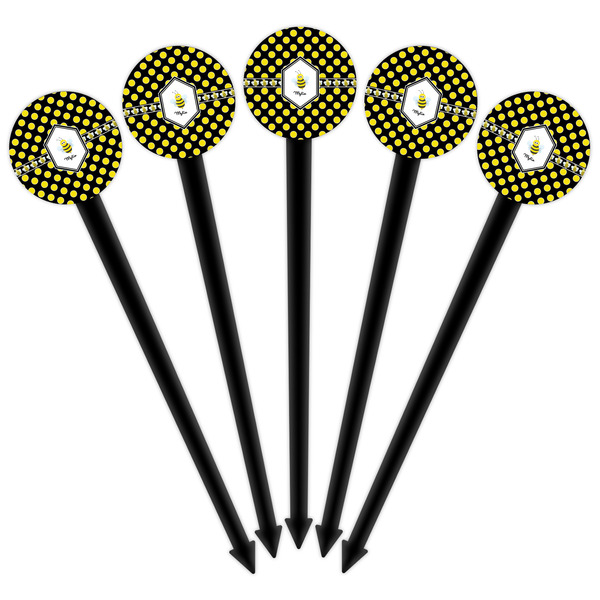 Bee & Polka Dots Black Plastic 6" Food Pick - Round - Fan View
