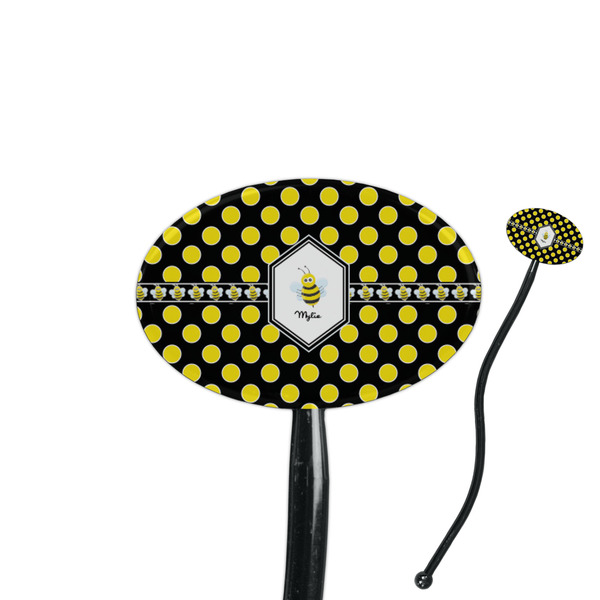 Custom Bee & Polka Dots 7" Oval Plastic Stir Sticks - Black - Single Sided (Personalized)