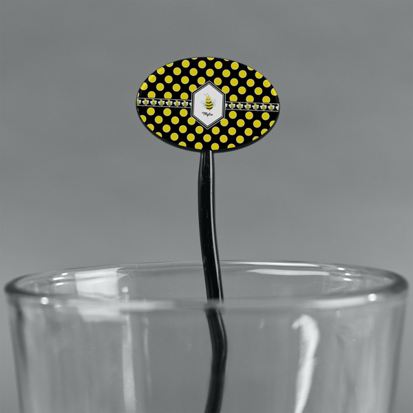 Bee & Polka Dots Black Plastic 7" Stir Stick - Oval - Main