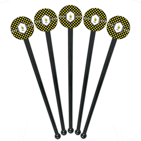 Bee & Polka Dots Black Plastic 7" Stir Stick - Round - Fan View