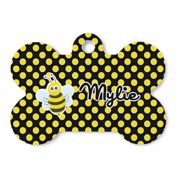 Custom Bee & Polka Dots Bone Shaped Dog ID Tag - Large (Personalized)