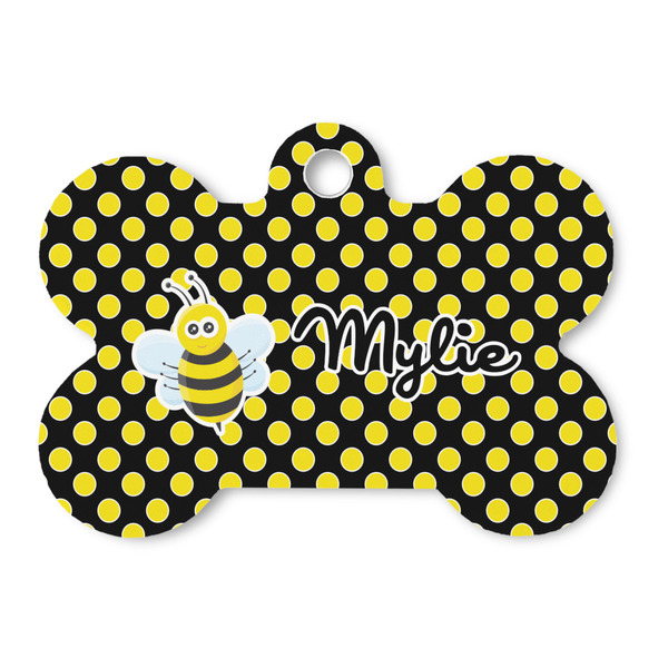 Custom Bee & Polka Dots Bone Shaped Dog ID Tag (Personalized)