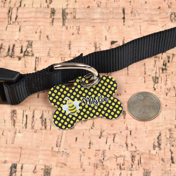Bee & Polka Dots Bone Shaped Dog ID Tag - Large - In Context