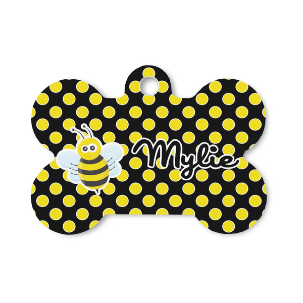 Custom Bee & Polka Dots Bone Shaped Dog ID Tag - Small (Personalized)