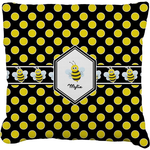 Custom Bee & Polka Dots Faux-Linen Throw Pillow 16" (Personalized)