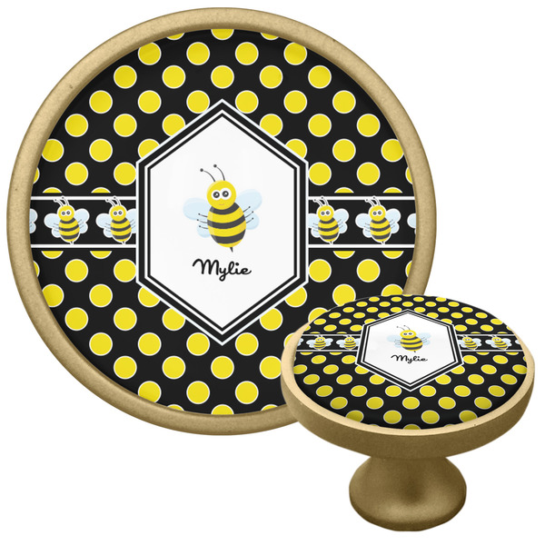 Custom Bee & Polka Dots Cabinet Knob - Gold (Personalized)