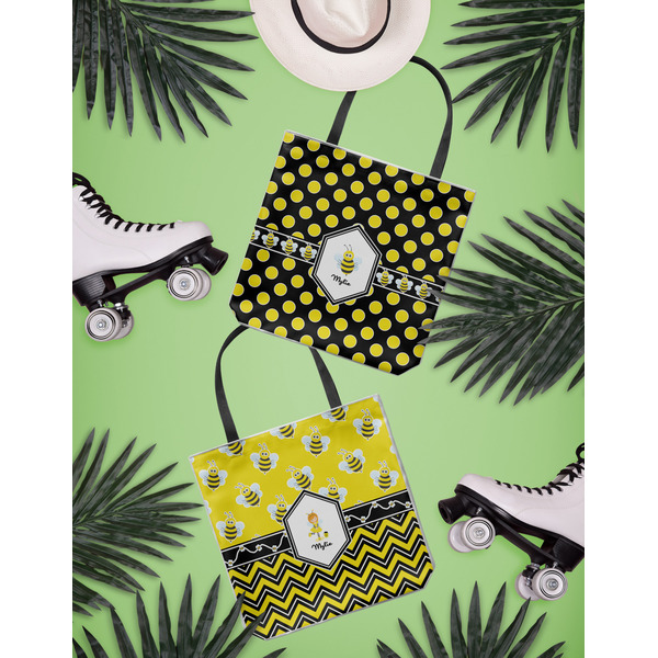 Bee & Polka Dots Canvas Tote Lifestyle Front and Back- 13x13