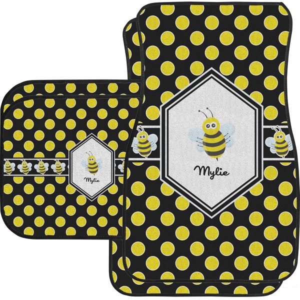 Custom Bee & Polka Dots Car Floor Mats Set - 2 Front & 2 Back (Personalized)