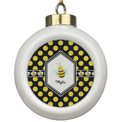 Bee & Polka Dots Ceramic Ball Ornament (Personalized)