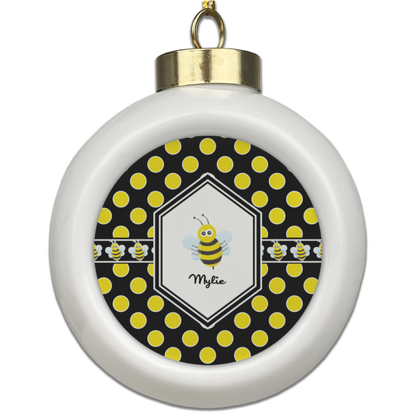 Custom Bee & Polka Dots Ceramic Ball Ornament (Personalized)