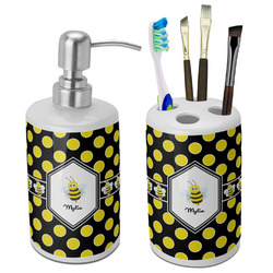 Bee & Polka Dots Ceramic Bathroom Accessories Set (Personalized)